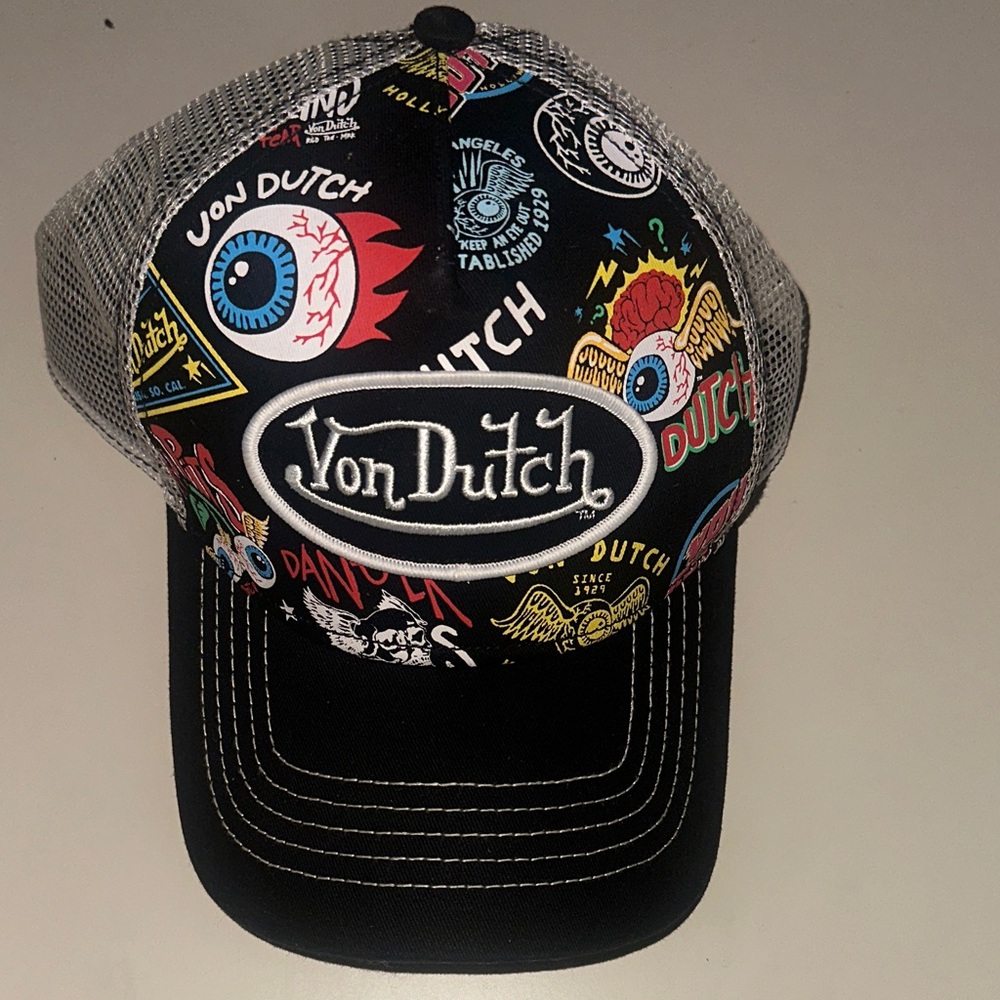 Von Dutch Black and Gray Trucker Hat with Colorful Graphics